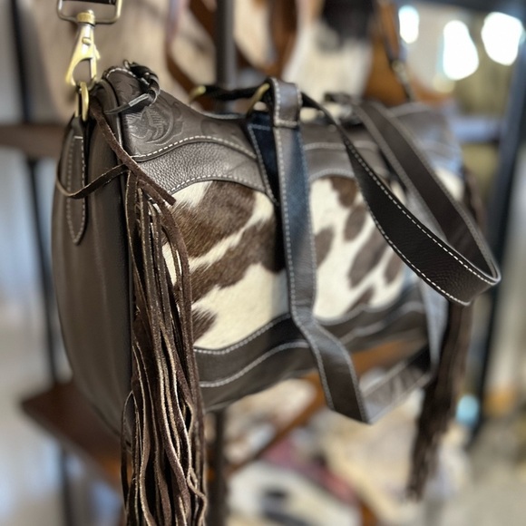 Unique New Western Genuine Embossed Leather Cowhide Fringe Tassel Bag Crossbody - Picture 8 of 12